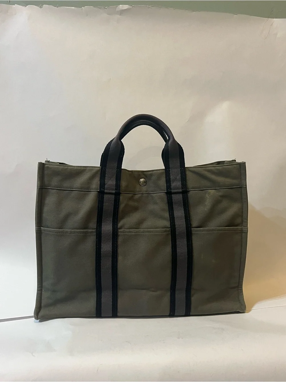 Authentic HERMÈS Fourre Tout MM Canvas Tote | Khaki + Black Stripe | Made in 🇫🇷